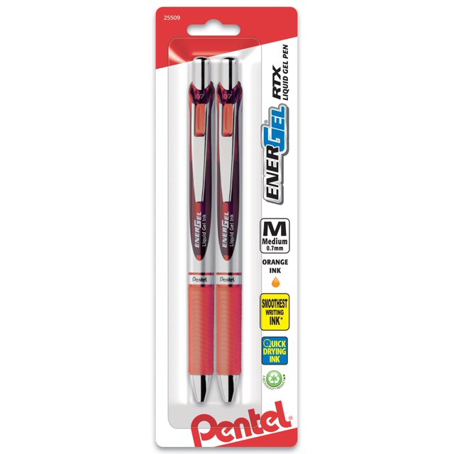 Pentel EnerGel RTX Retractable Liquid Gel Pen, Medium Line, Metal Tip, Orange Ink, 2-Pack (BL77BP2F)