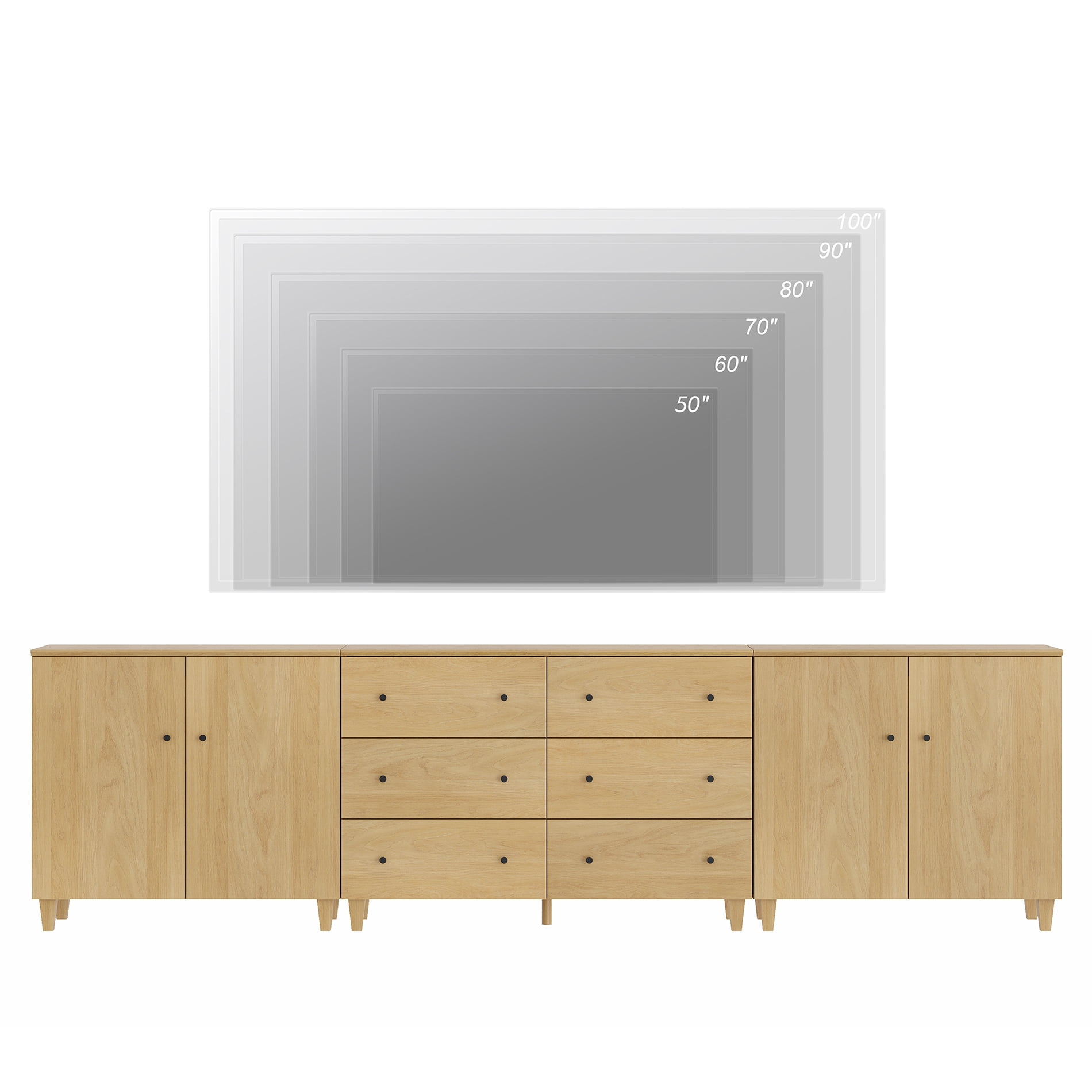 WAMPAT Wide TV Stand for 110+ Inches TVs, 3-in-1 Modern Wooden Media Console with 6 Spacious Drawers and 2 Storage Cabinets for Living Room, Oak