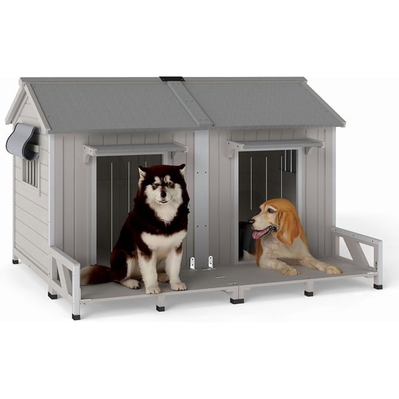 PETSCOSSET 59.4"L Large Dog House Outdoor & Indoor, Fir Wood Dog Shelter with Weatherproof Openable Asphalt Roof, Gray