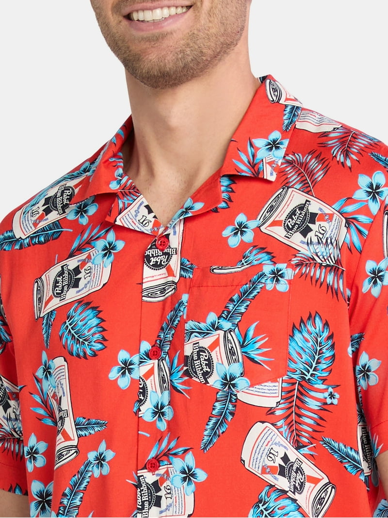 Pabst Blue Ribbon Men's Print Button Up Shirt with Short Sleeves