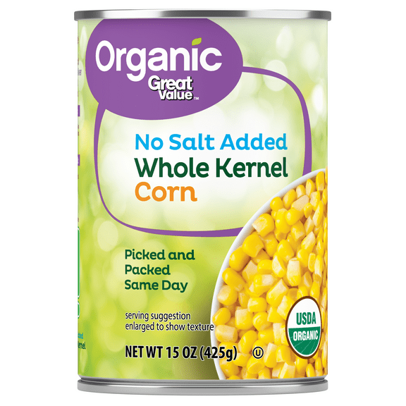 Great Value Organic Whole Kernel Corn, No Salt Added, 15 oz