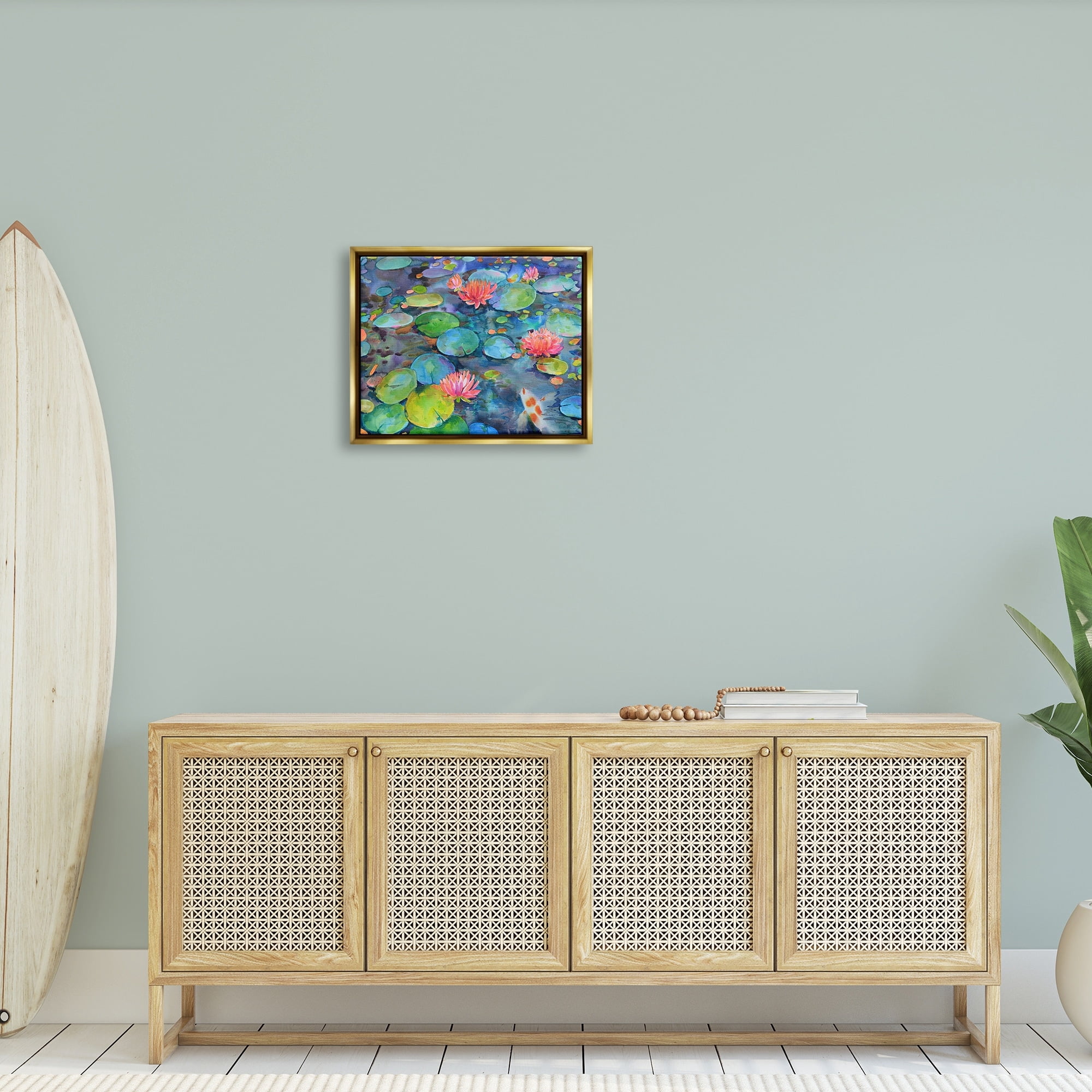 Stupell Industries Vivid Pond Lily Lotus Blossom Koi Fish Pond Painting Metallic Gold Floating Framed Canvas Print Wall Art, Design by Marietta Cohen Art and Design