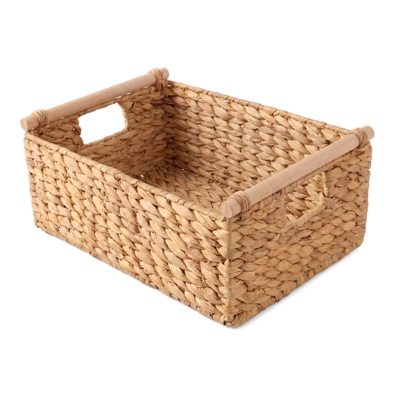 Rectangular Wicker Storage Basket, Natural Water Hyacinth Bin with Wooden Handles for Shelves, Natural