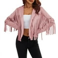 thumbnail image 1 of Women‘s Faux Suede Leather Fringe Jacket Motorcycle Moto Biker Short Open Front Tassel Cropped Coat, 1 of 8