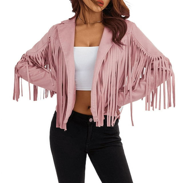 Veste à Franges en Faux Suède pour Femmes Moto Motard Court Ouvert devant avec Franges Manteau Court