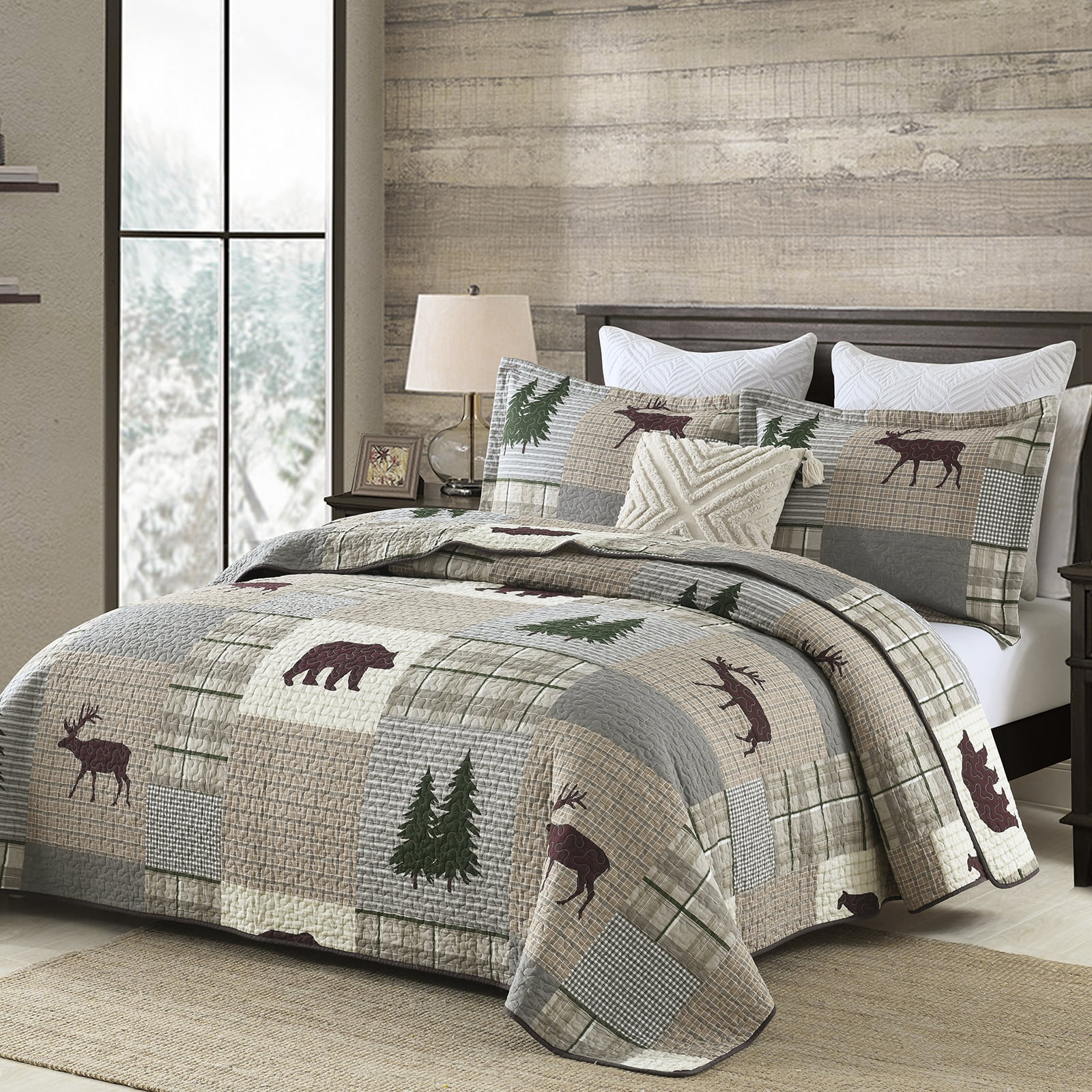 Bedduvit Cotton Quilt for Queen Bed - 100% Cotton Rustic Lightweight Queen Quilt, Brown Gray Patchwork Plaid Quilt Bedspread, Bear & Deer & Tree Farmhouse 3-Piece Quilt Comforter Set, 98x90