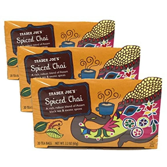 TJ Spiced Chai Assam Black Tea &Exotic Spices 20 Tea Bags 2.2 Oz. (Pack Of 3)