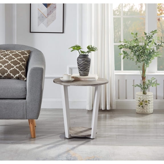 Small Round End Table with Shelf for Small Space, MDF Wood Accent Table Gray