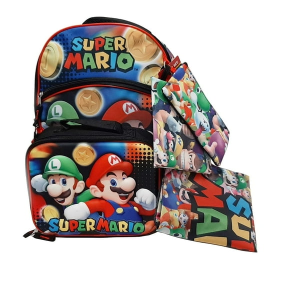 3D Molded Super Mario 5-Piece Backpack Set with Lunch Box, Gadget Case, Cinch Sack & Snack Pack