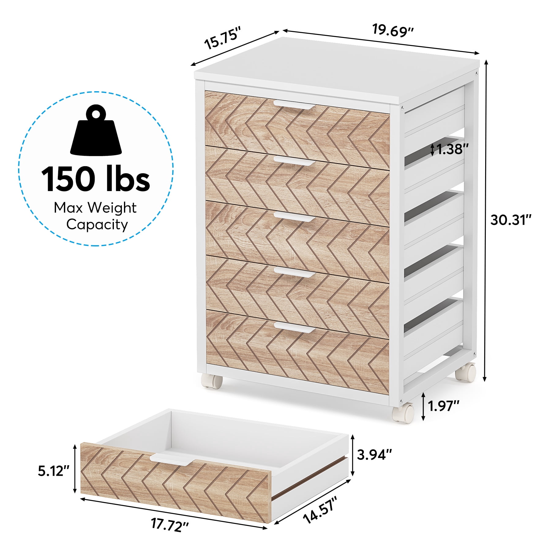 Tribesigns 5-Drawer Industrial Storage Organizer Wood Chest Dresser with Wheels, Beige & White