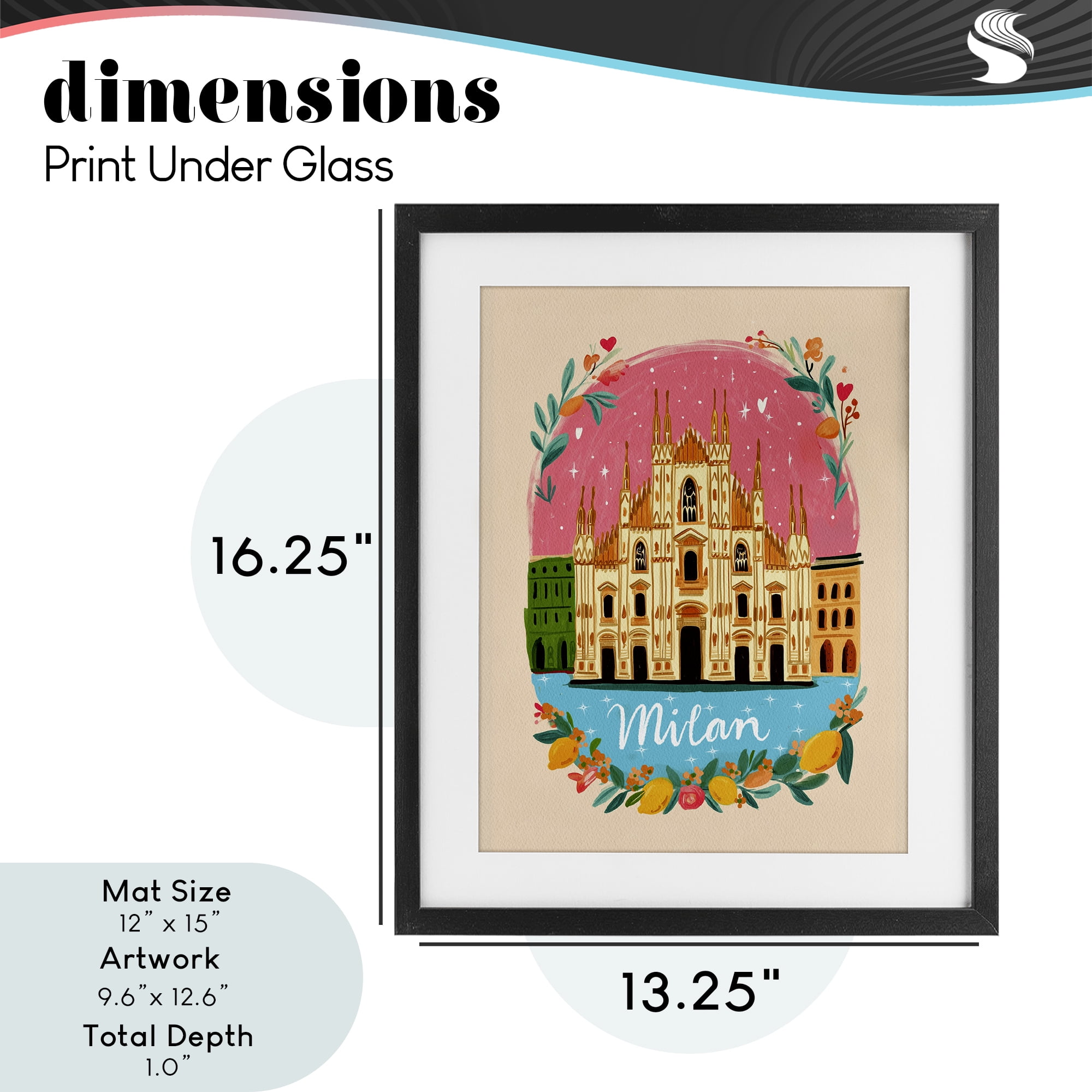 Floral Bordered Milan Black Framed Print Under Glass, design by Yen
