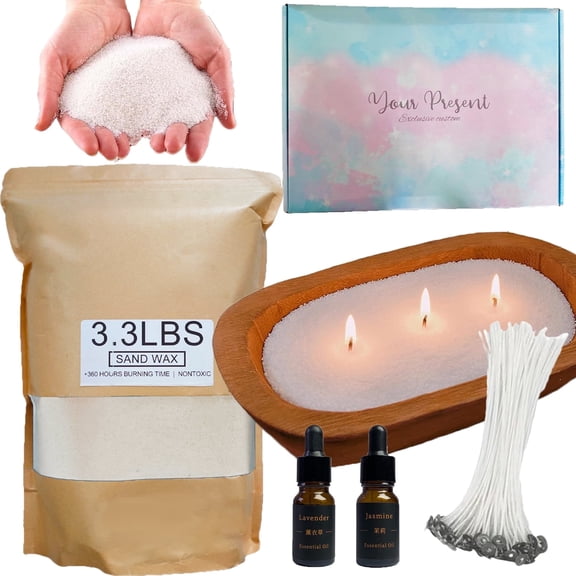 Pearled Candle Sand Gift Set with Wicks,3.3 lbs Sand Wax Candle Kit:Wooden Dough Bowl,100 Wicks,Scented Oil,Up to 360 Hours Burn Time,Non-Toxic,Reusable Candle Making Kit,White