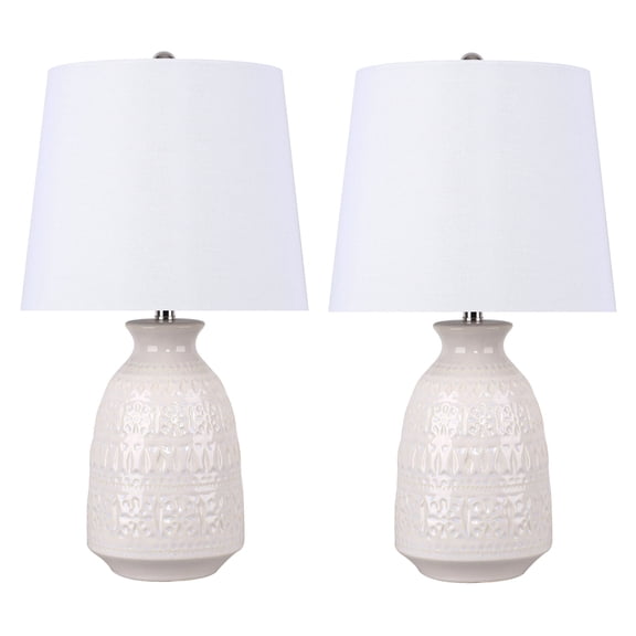 20" Off-White Ceramic Table Lamp w/ Patterned Base & White Linen Shade (Set of 2)