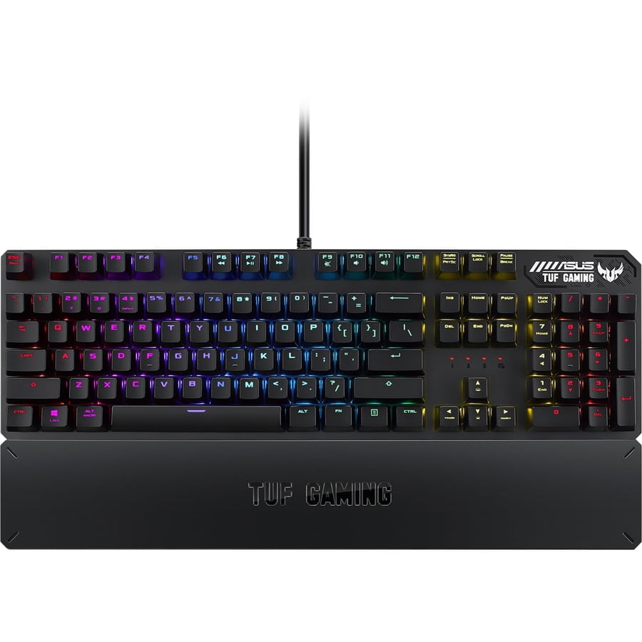 ASUS TUF Gaming K3 RGB mechanical keyboard with N-key rollover, combination media keys, USB 2.0 pass through, aluminum-alloy top cover, wrist rest, eight programmable macro keys and Aura Sync lighti