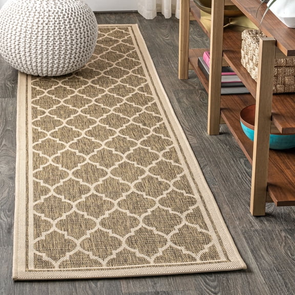 JONATHAN Y SANTA MONICA 2 x 10 Runner Rug, Trebol Moroccan Trellis Textured Weave - Brown/Beige, SMB109A-210