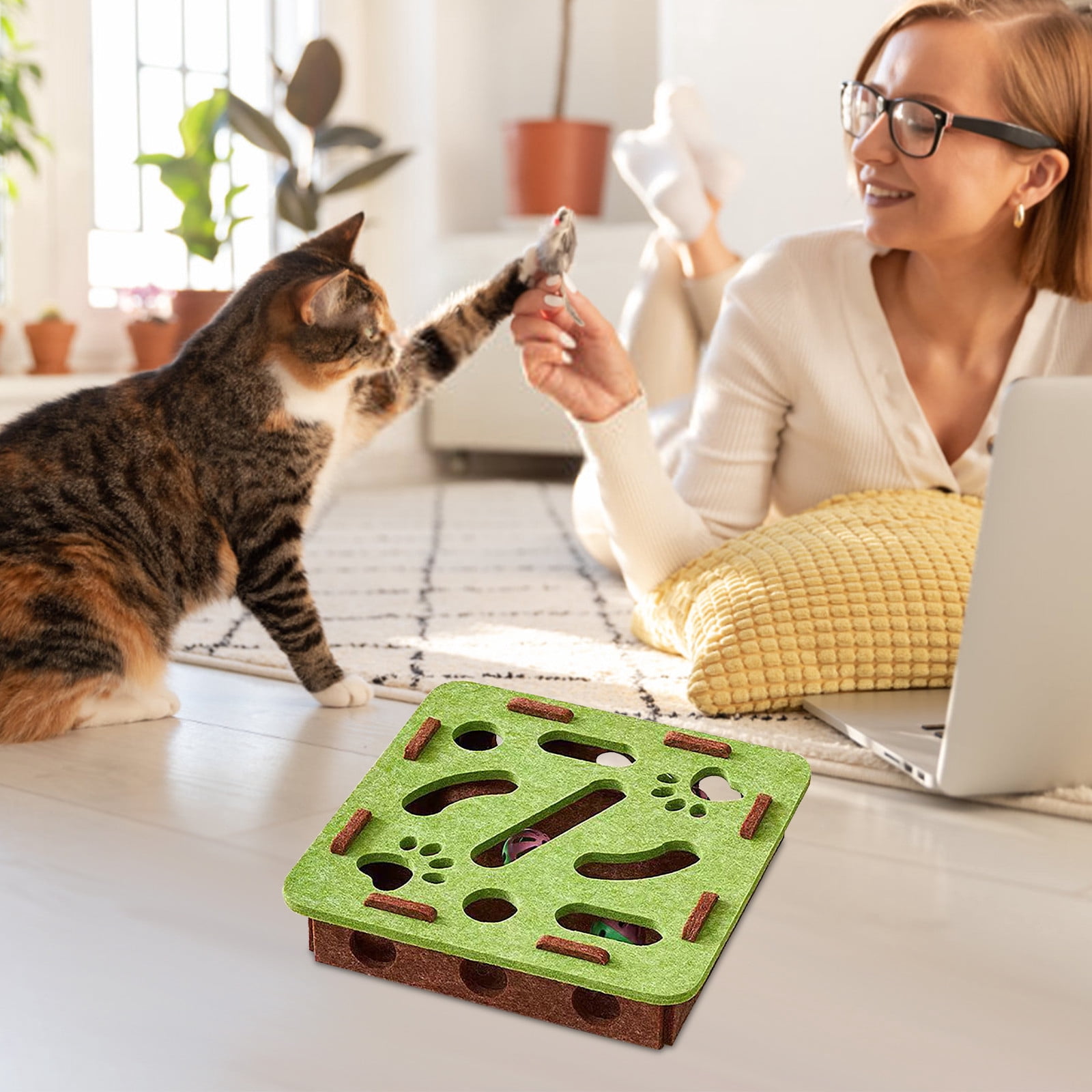 Fzsteel Interactive Cat Toy Box With Puzzle Game For Mental Stimulation And Exercise Indoor Pet Enrichment Digging Activity 30x30x7.5cm
