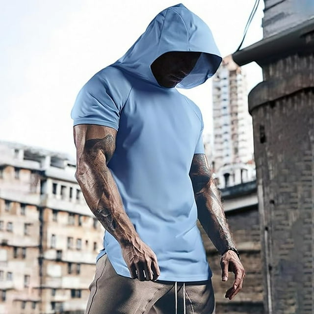 Blusa de manga corta con capucha para hombre, informal, de verano, de color liso, con cuello redondo, de manga corta, con capucha, fina, transpirable, de poliéster.