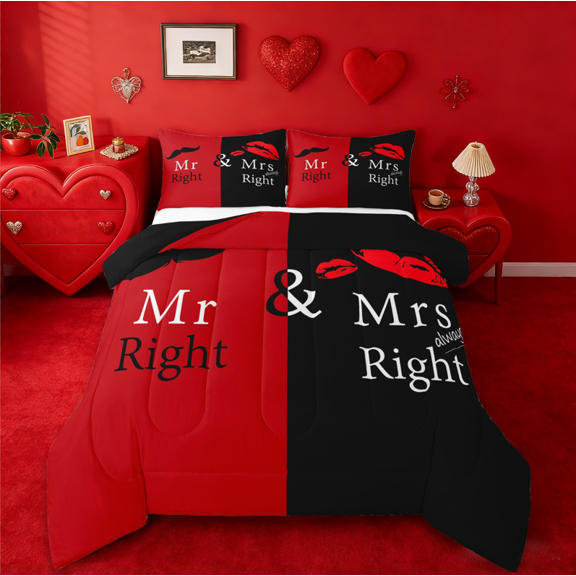 Manfei Mr Mrs Bedding Comforter Set,Couple Valentine Day Twin Comforter Sets,Red Black Bedding Set For Men Women,Ultra Soft Home Decor Reversible,2pcs