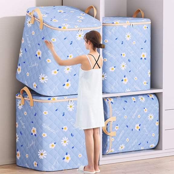 Lilgiuy Home Storage Bins with Reinforced Handles Zipper Closet Organizers and Storage Box, Blue Floral Storage Basket Large-Capacity Portable Clothing Storage Bag for Travel, 19.68x19.68x15.74in