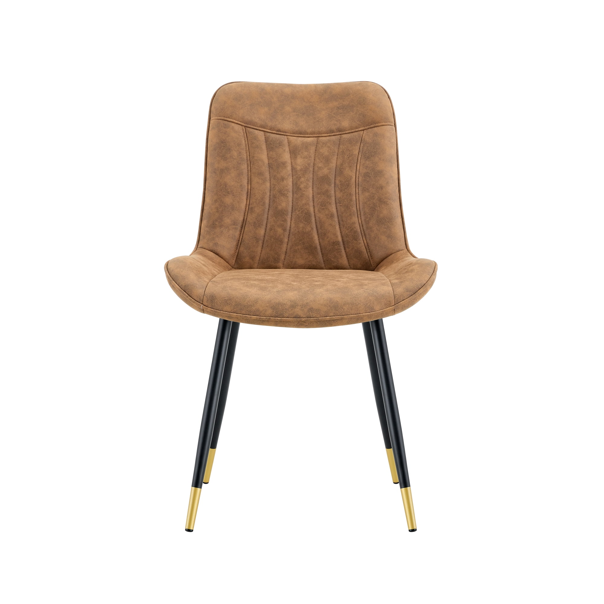 Leumius Dining Chairs Set of 2, Tech Fabric Upholstered Dining Chairs with Semi-Gloss Black Metal Legs, Gold-Trimmed Adjustable Non-Slip Feet, Vertical-Stitched High Back for Dining Room Brown