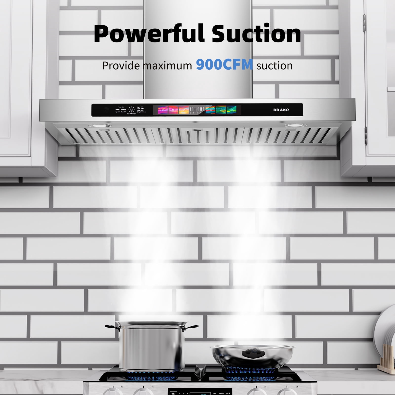 BRANO 36 Inch Wall Mount Range Hood Stainless Steel 900 CFM with Voice/Gesture/Touch Control, 4 Speed Exhaust Fan