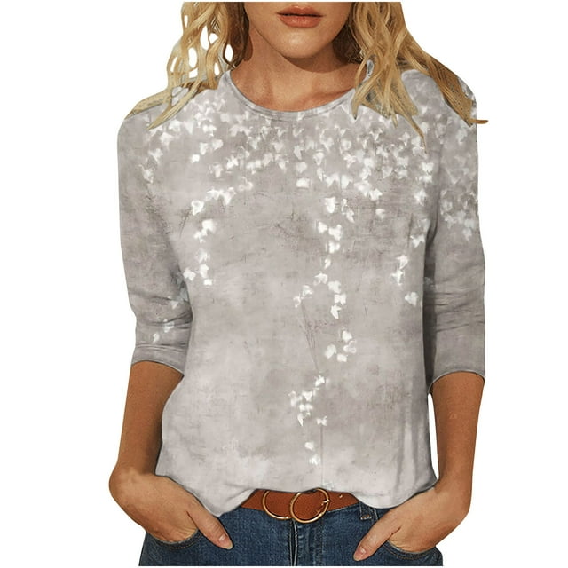 CEHVOM T-shirt Mode Femme Imprimé Ample Manches 3/4 Blouse Col Rond Tops Décontractés Liquidation