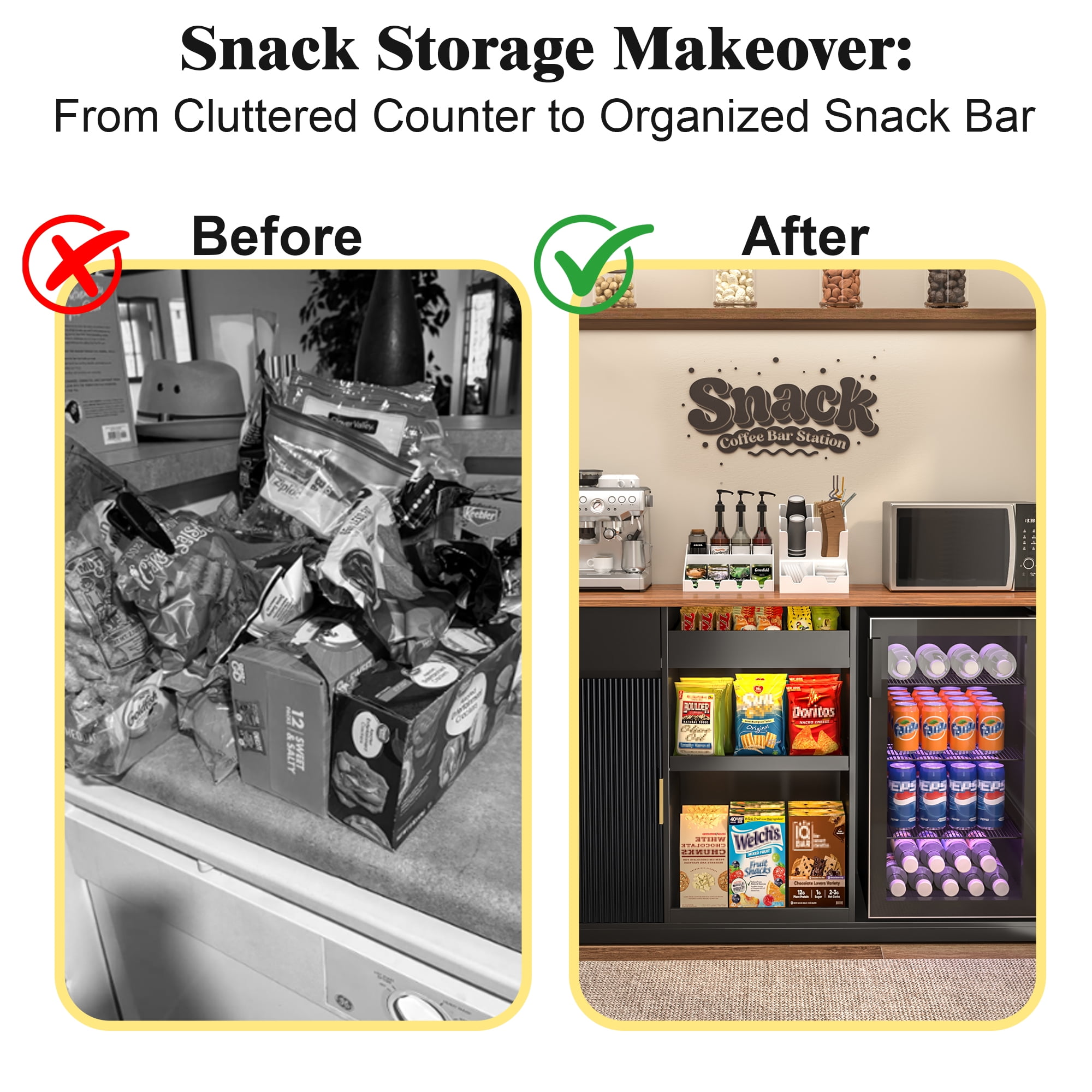 GDLF Snack Bar Cabinet with Fridge Space, Snack Organizer with Storage and Candy Display Shelf, Coffee Station for Home Theater or Game Room, 51.2", Black
