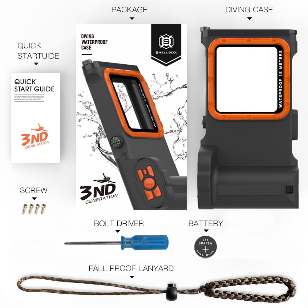 New Updated Extreme Waterproof Underwater Diving, Snorkel Phone Case with Bluetooth Remote Control for All iPhone (Max, Plus, S), Samsung, LG, Google, Android Up to 50Ft, 15M with Lanyard Black&Orange
