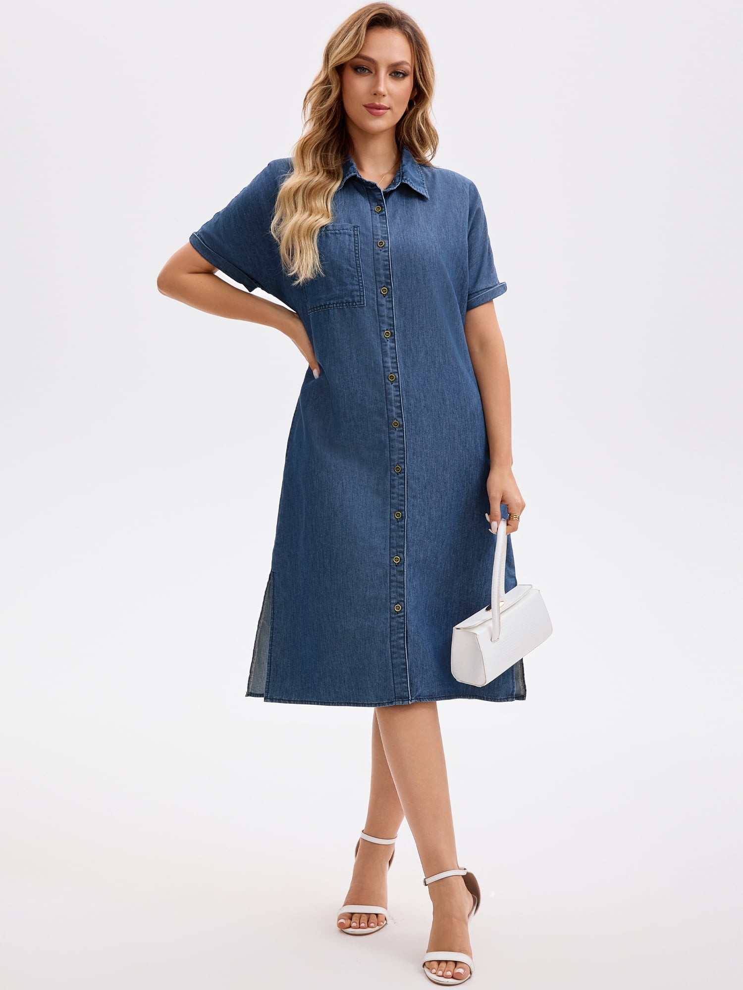 DARING DIVA Midi Denim Short Sleeve Button Down Tunic Jean Dress XL Navy Blue