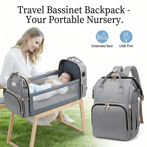 Travel Bassinet Diaper Bag - 3-in-1 Multifunctional Baby Bag with Changing Station, Large Capacity Waterproof Maternity Backpack for Mom and Dad
