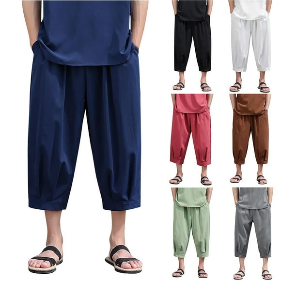 Jinhomg Mens Cotton Linen Capri Pants Baggy Comfy Elastic Waist Beach Pants Lightweight Breathable Solid Color Lounge Pants with Pockets Casual Daily Wear Sales Today Clearance Men XL