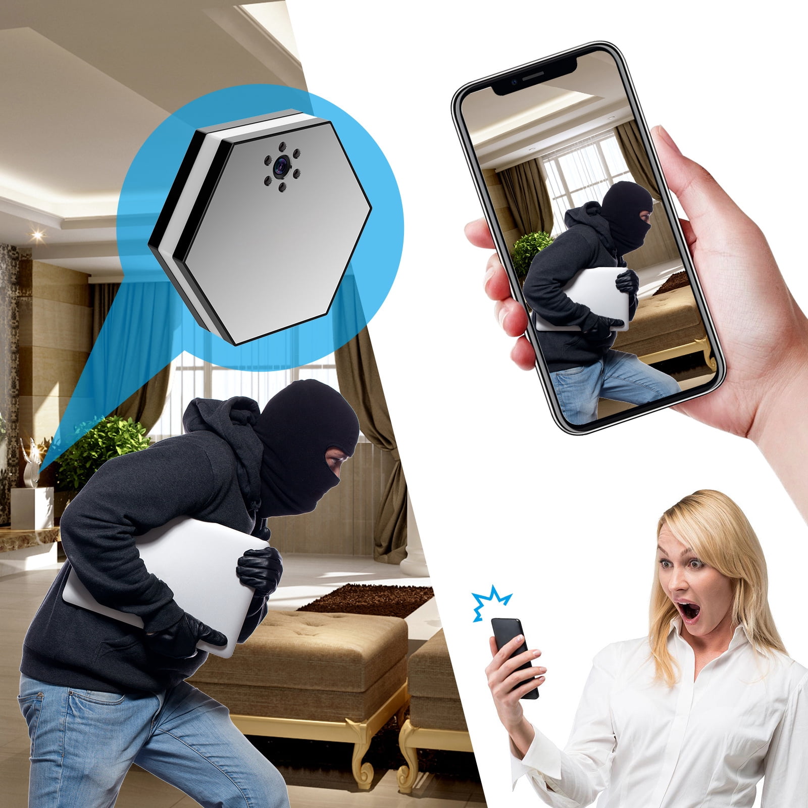Wireless Security Camera, 1080P HD Monitor Pet Camera with Clock Display and Color Light, Night Vision Motion Detection, WiFi Smart Surveillance Camera for Home,Family,Baby,Pet Monitoring