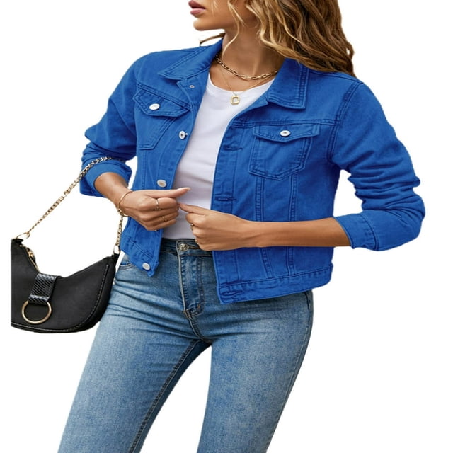 Aunavey Women‘s Basic Button Down Long Sleeve Stretchy Jean Trucker Denim Jacket