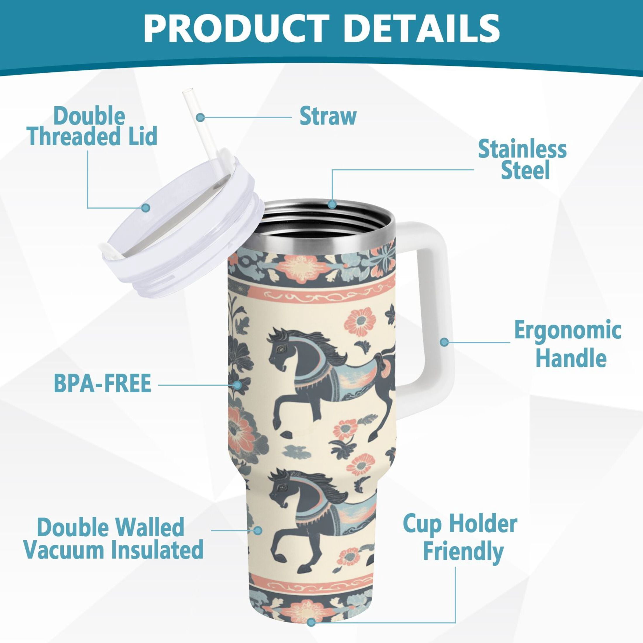 DIXRUYEE Steel Water Bottles Tumbler Creative Charming Equestrian Elegance Pattern 40oz/30oz