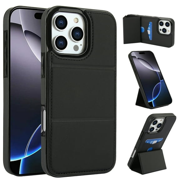 Compatible with iPhone 16 Pro Case, with PU Leather Credit Card Holder Magnetic Back Stand Rugged Slot Mobile Flip Purse Phone Cover for iPhone 16 Pro Women Men - Black