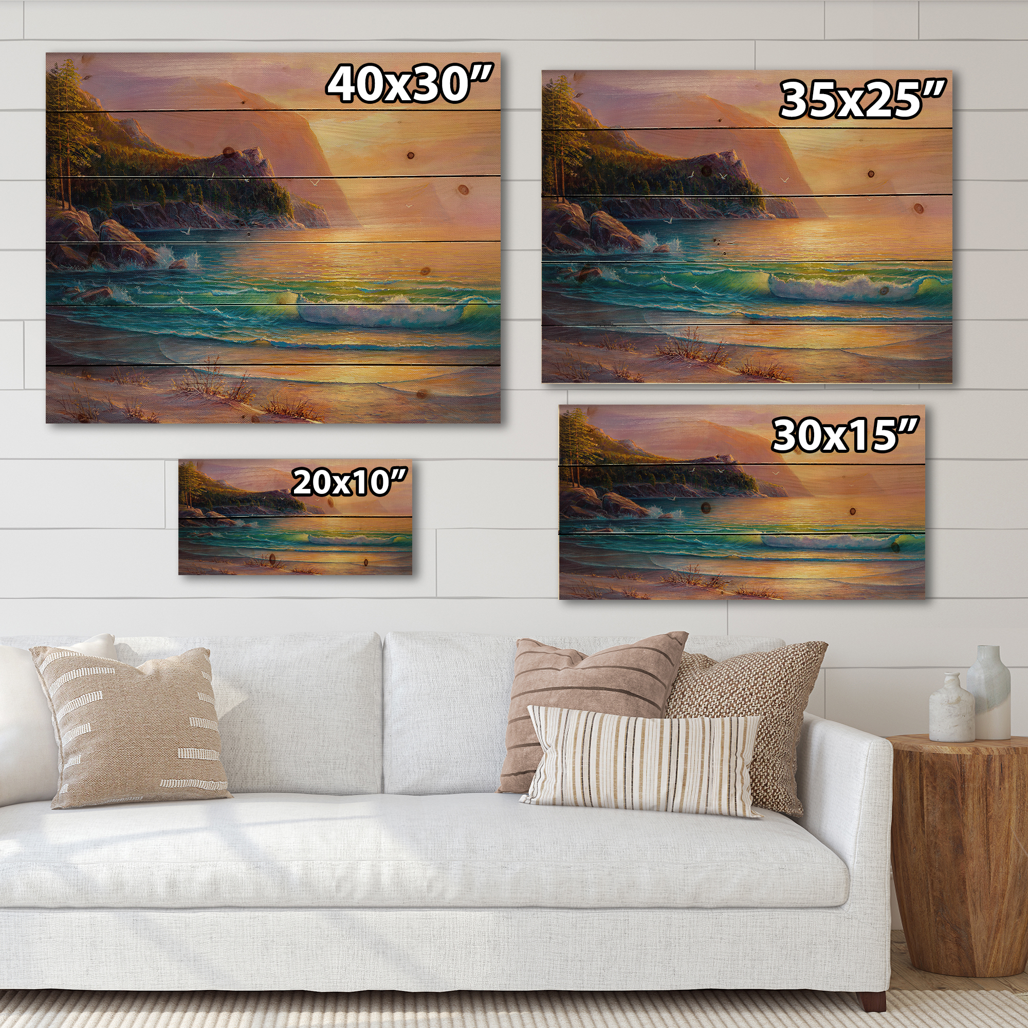 Designart 'Romantic Beach During Warm Evening' Nautical & Coastal Print on Natural Pine Wood