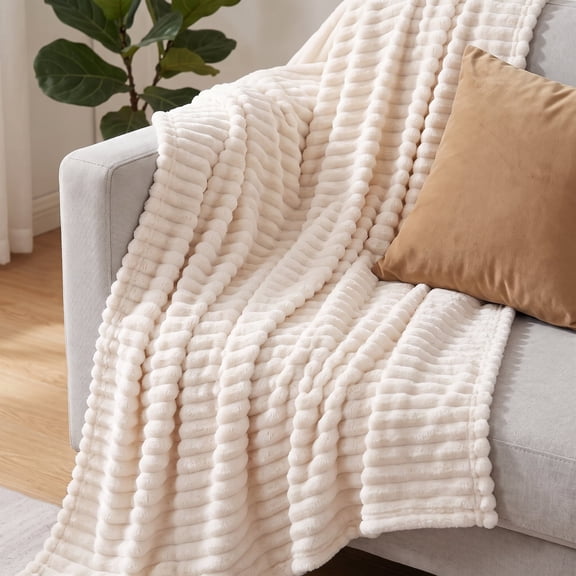 Cream White Fleece Throw Blanket – Soft Plush Cozy Blanket for Couch, Sofa, Bed, Lightweight Warm Striped Design Home Decor,(60*80)