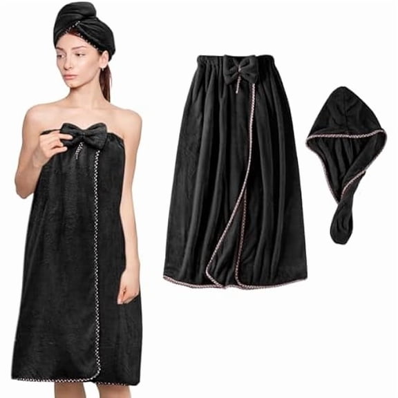 Fu997 Women Bath Towel Wrap - Adjustable Soft Microfiber Shower After Body Wraps with Hair Drying Towel Absorbent & Quick Drying for Gym Shower, Beach, Spa, Sauna, Black