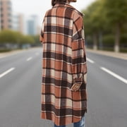 Otntypg Women Long Plaid Shacket Jacket Trendy Fall Casual Button Down Wool Blend Trench Coat Thick Warm Winter Clothing with Pockets Khaki S