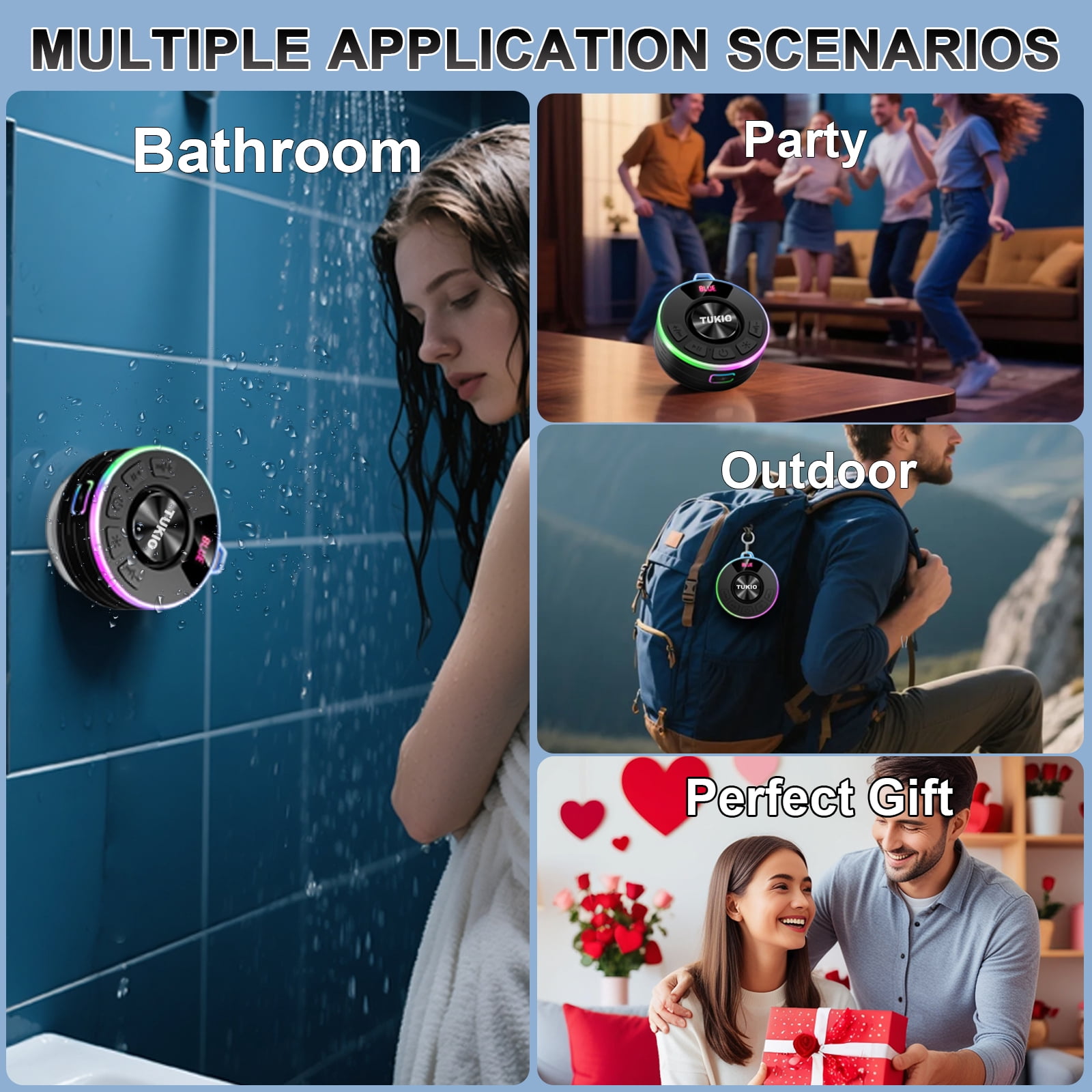 Tukio Bluetooth Speaker, IPX7 Waterproof Shower Speaker with Suction Cup, Mini Portable Speaker, 12H Playtime, Bluetooth 5.4, 360° Sound, RGB LED, Hands-Free Calls, Outdoor Pool Beach Gifts, Black