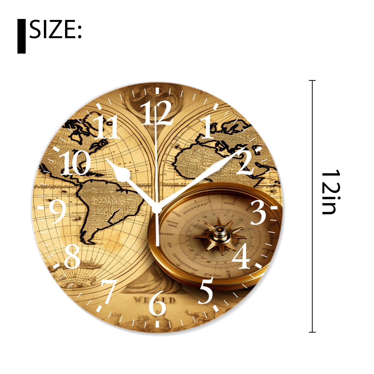 12 Inch Wall Clock Battery Operated Silent Clock Decorative for Office, Kitchen, Outdoor, Living Room，Accurate Map Cute