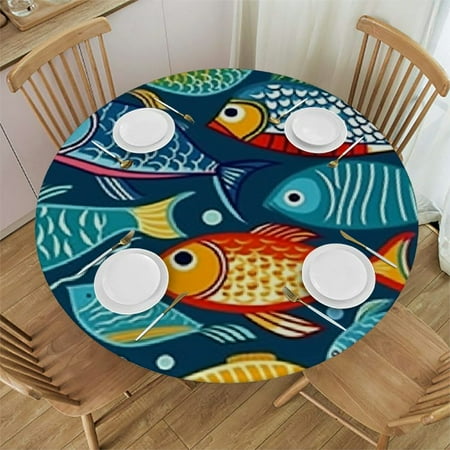 

Tllo0ord Fitted Round Tablecloth Colorful Fish Art Fishes sea Life Dark Blue Table Cover Elastic Edged Table Cloth Fits Round Tables 38-42