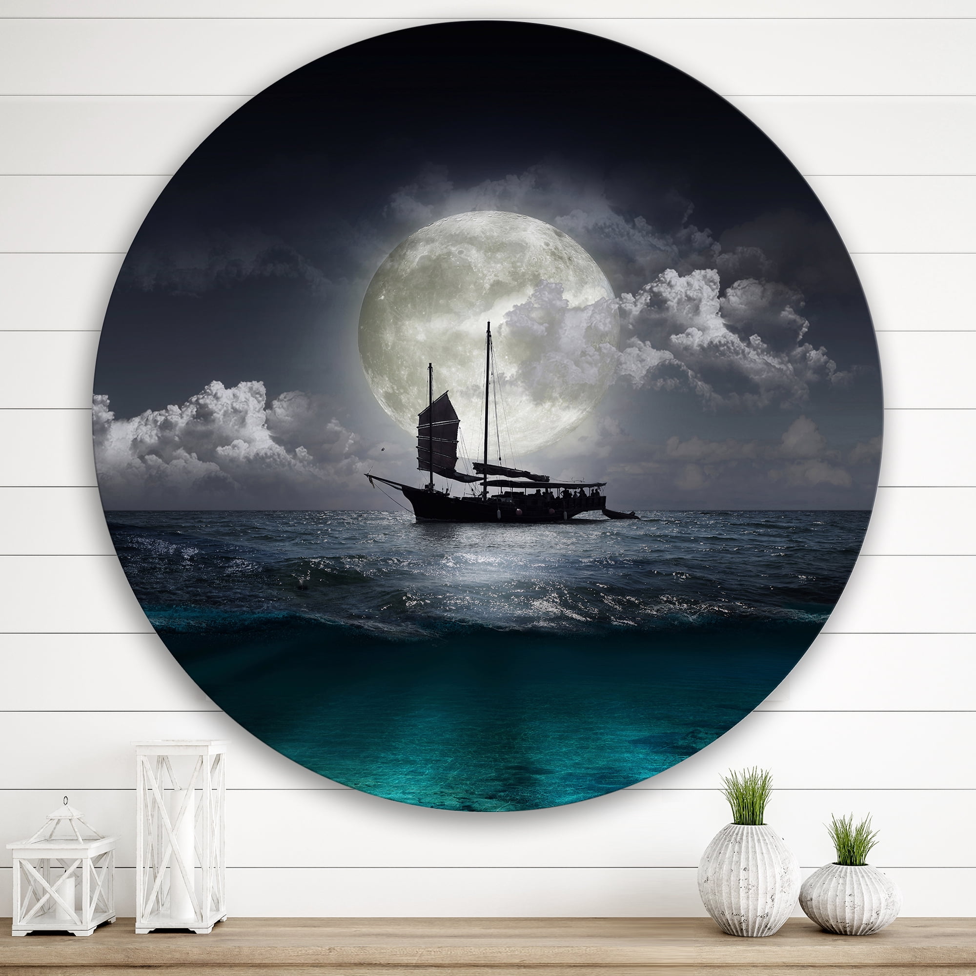 Designart 'The Lake During Full Moon With Fisher Boat' Nautical & Coastal Circle Metal Wall Art 36x36 - Disc of 36