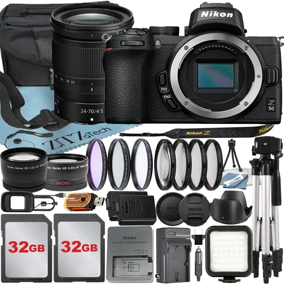 Nikon Z50 Mirrorless Camera with NIKKOR Z 24-70mm f/4 S Lens + 32GB Card + Case + Telephoto + Tripod + ZeeTech Accessory Bundle