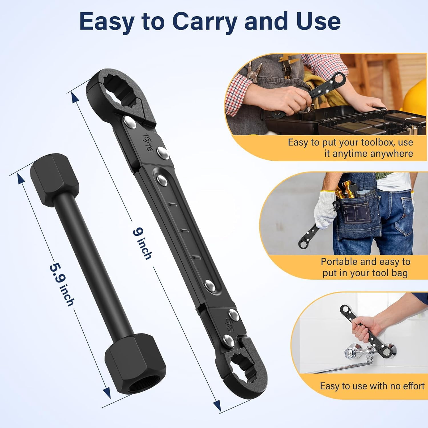 Plumbing Tools Angle Stop Wrench Kit Angle-On Adjustable Wrench for Professional Plumbers Black