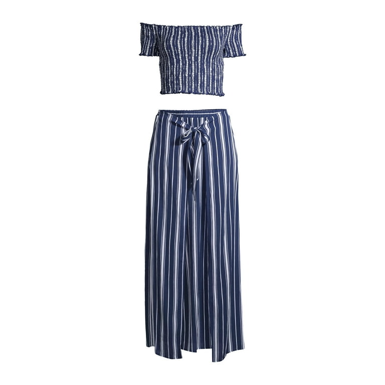 【BOK PLACE】Striped flare N/S wide banding PT two-piece No Boundaries Smocked Two-Piece Set - Walmart.com