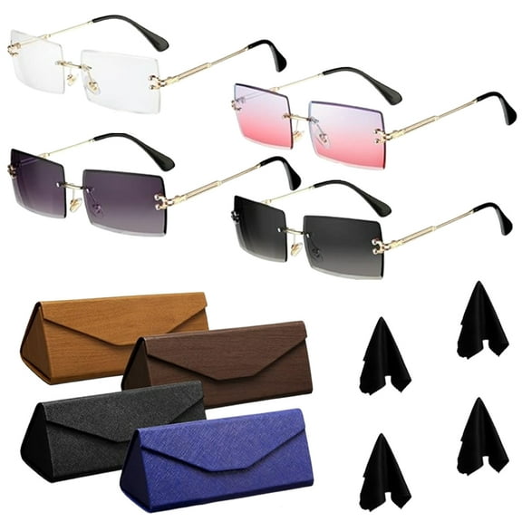 4 Pairs Vintage Square Sunglasses Set with Hard Case, UV400 Protection & 4 Cleaning Cloths, Foldable Frameless Eyewear for Men Women, Daily Travel Gift