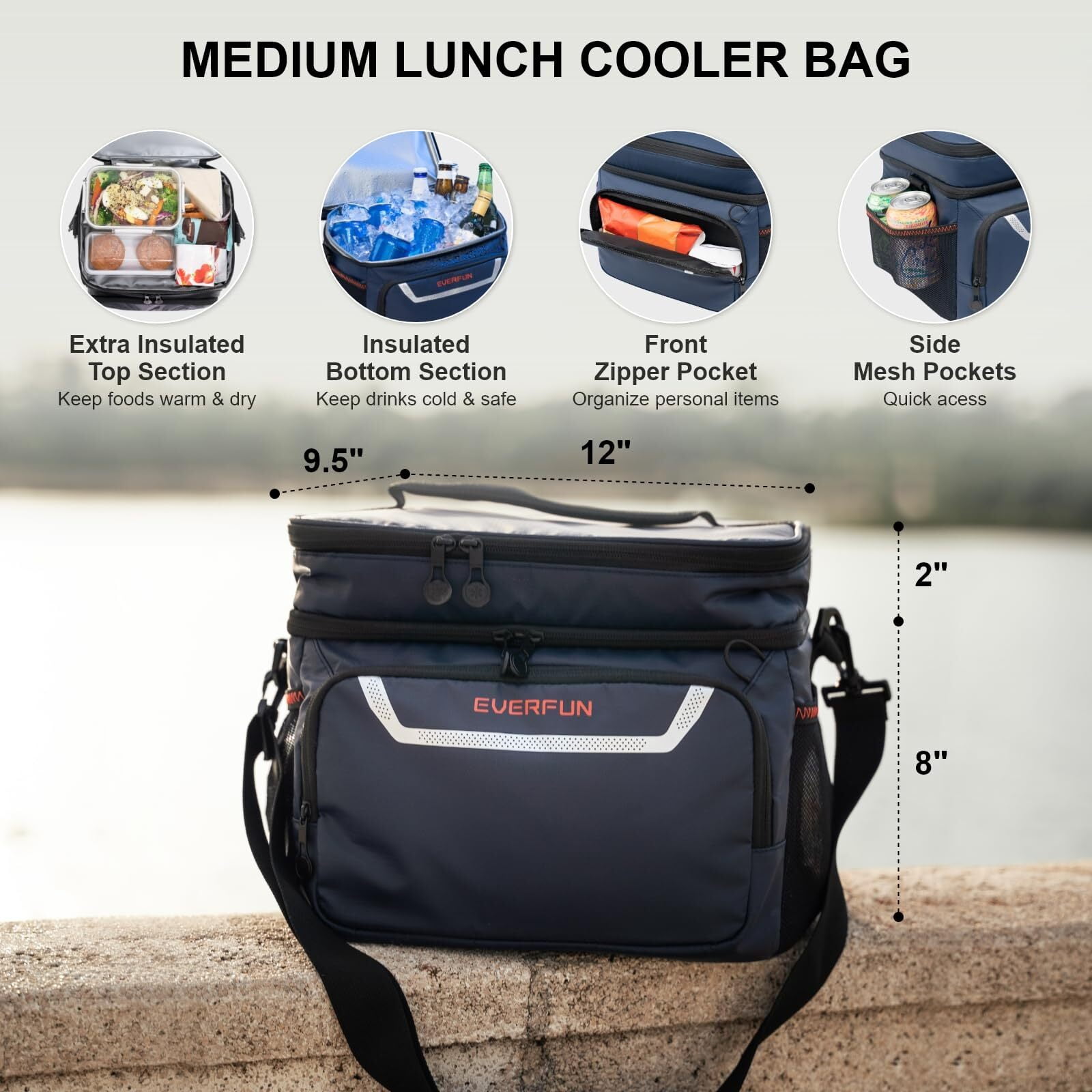 EVERFUN Insulated Cooler Bag Small Lunch Box 24 Can Beach Lunchbag Leakproof Dual Compartments Blue