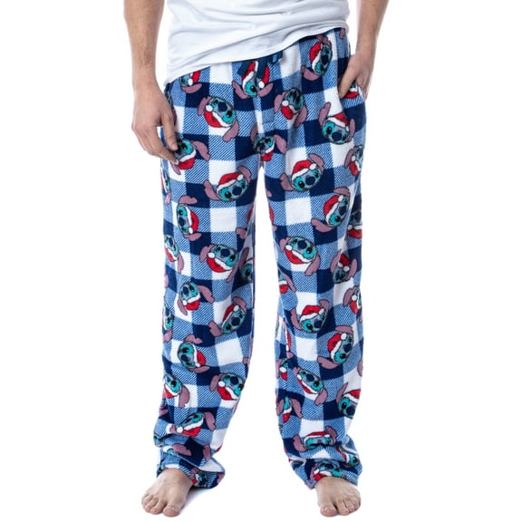 Disney Adult Lilo And Stitch Christmas Santa Hat Stitch Buffalo Plaid Print Soft Fleece Sleep Pajama Pants