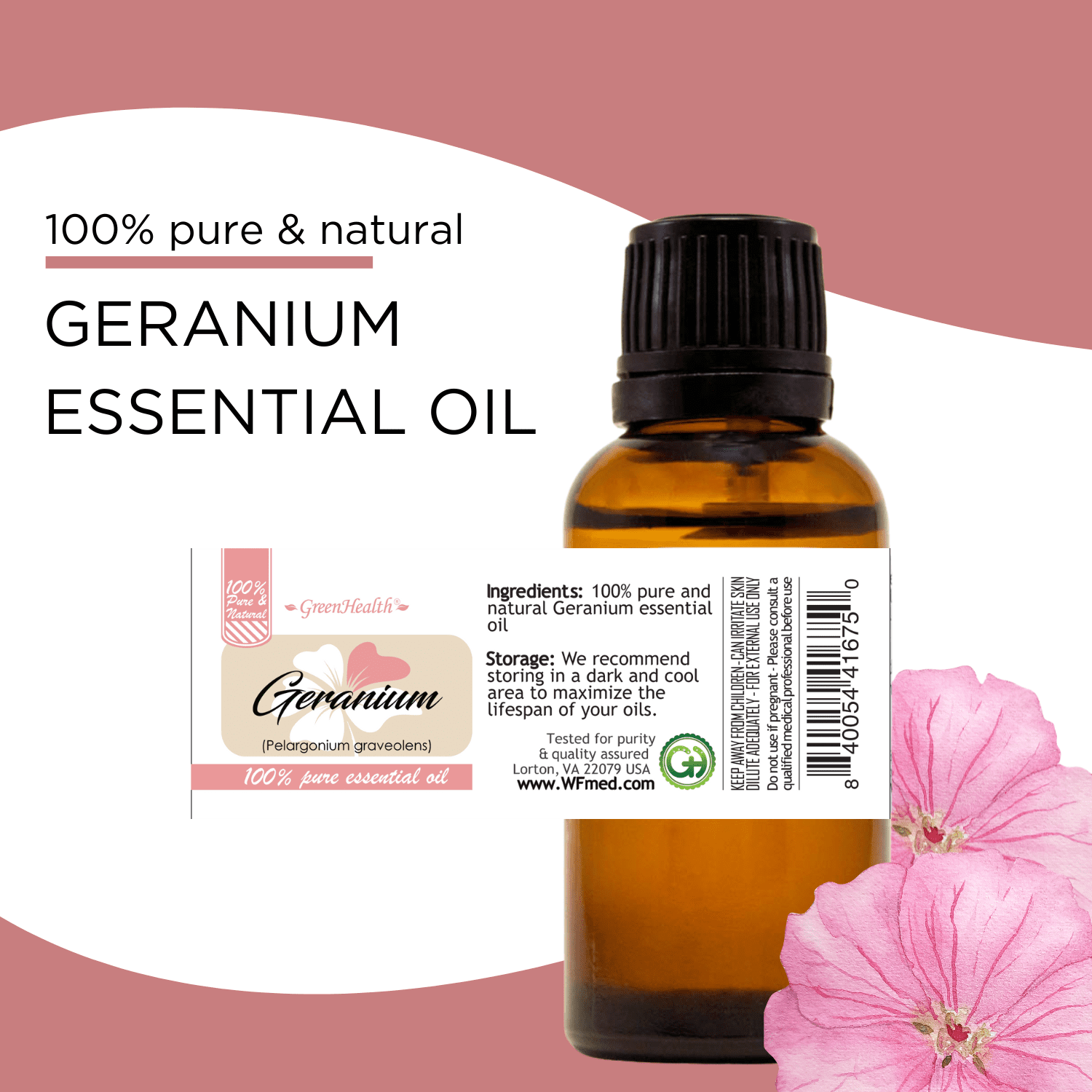 Geranium Essential Oil - 4 fl oz - Amber Glass Bottle w/ Cap - GreenHealth